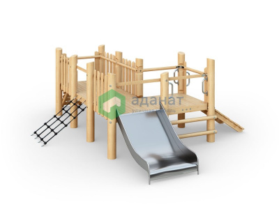 Игровая платформа с горкой и сеткой 6000х4900х1920мм Древесина: лиственница. Покрытие: светлый дуб.